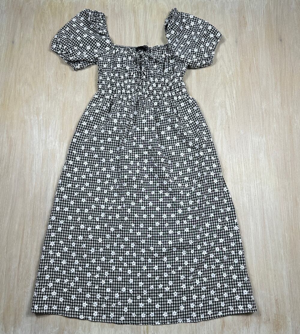 Sophie Rue Gingham Smocked Picnic Puff Sleeve Romantic Cottage Midi Dress Small